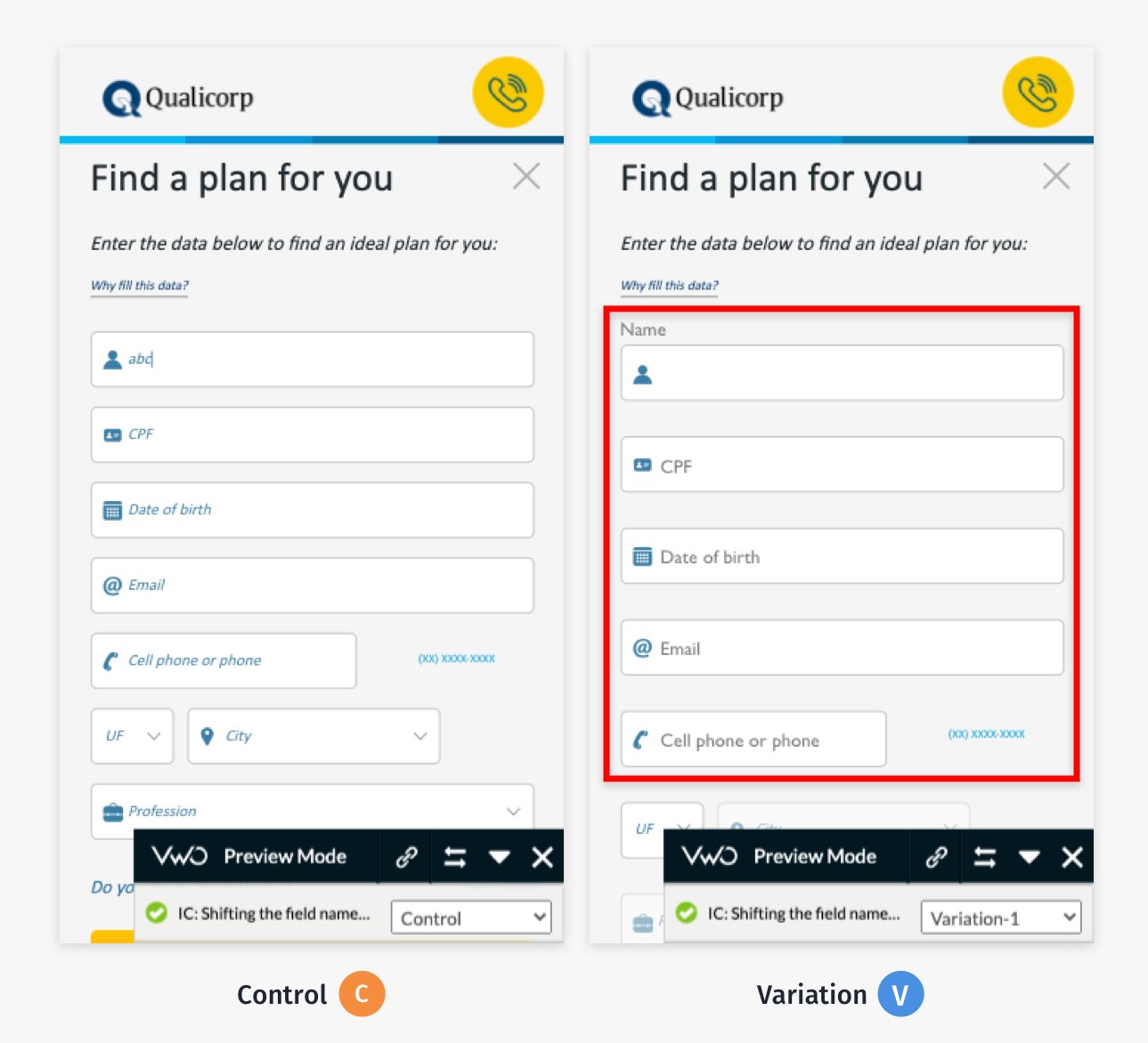 a/b test on the form on Qualicorp website