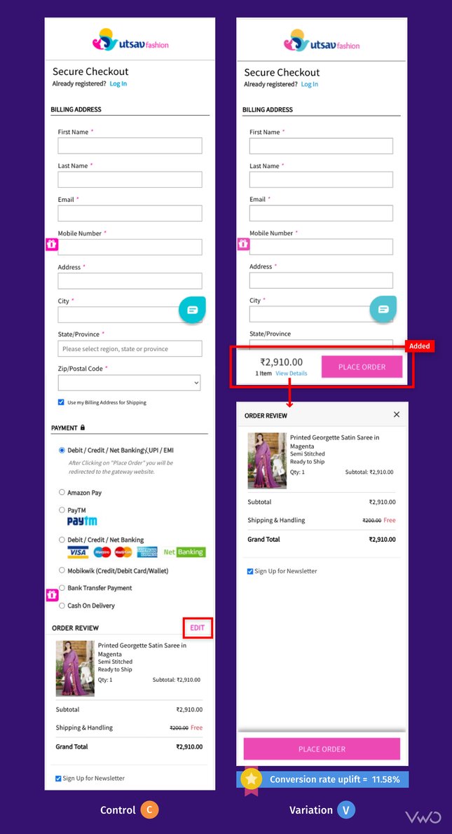 comparison of control & variation version of Utsav fashion online store